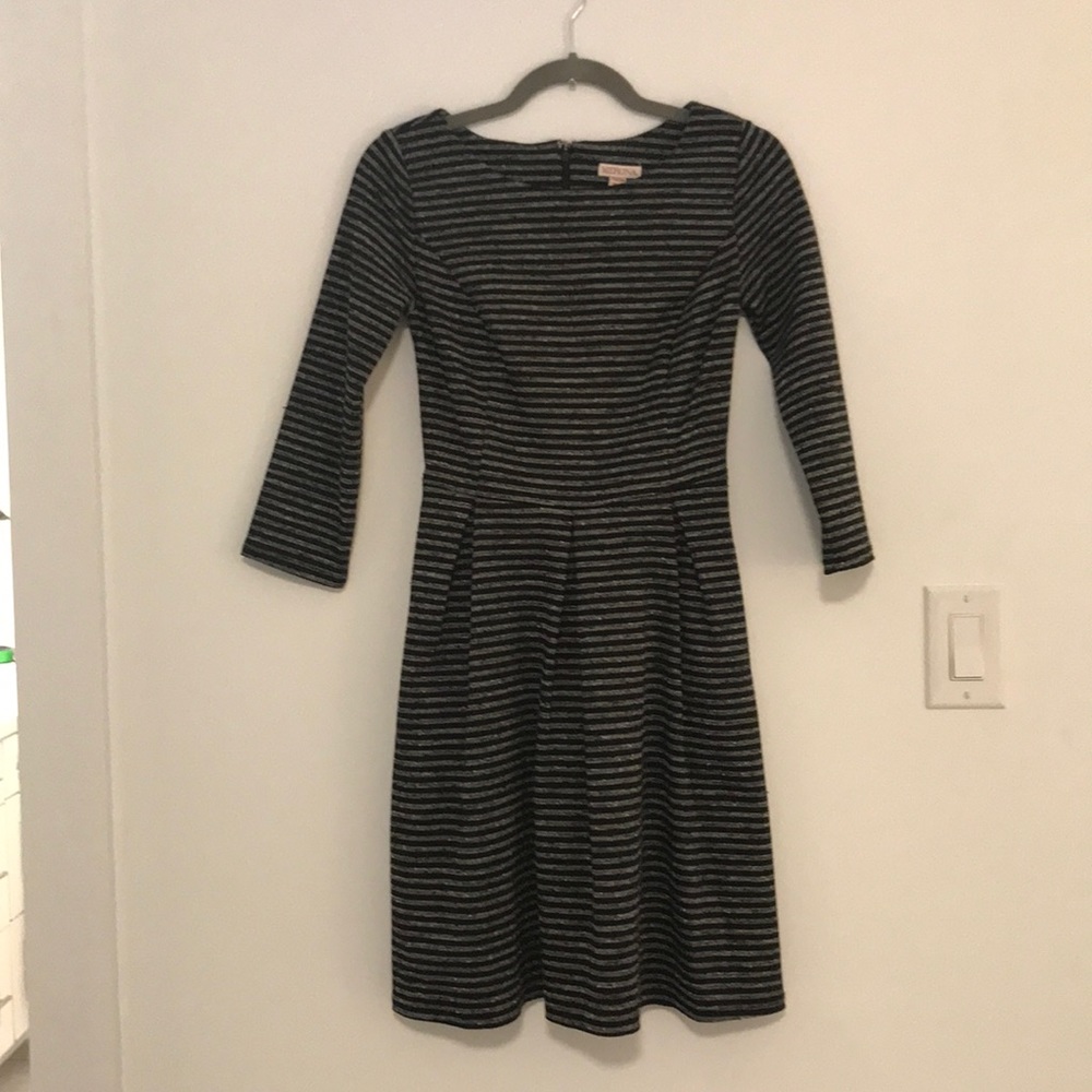 Fit and flare black striped dress with pockets